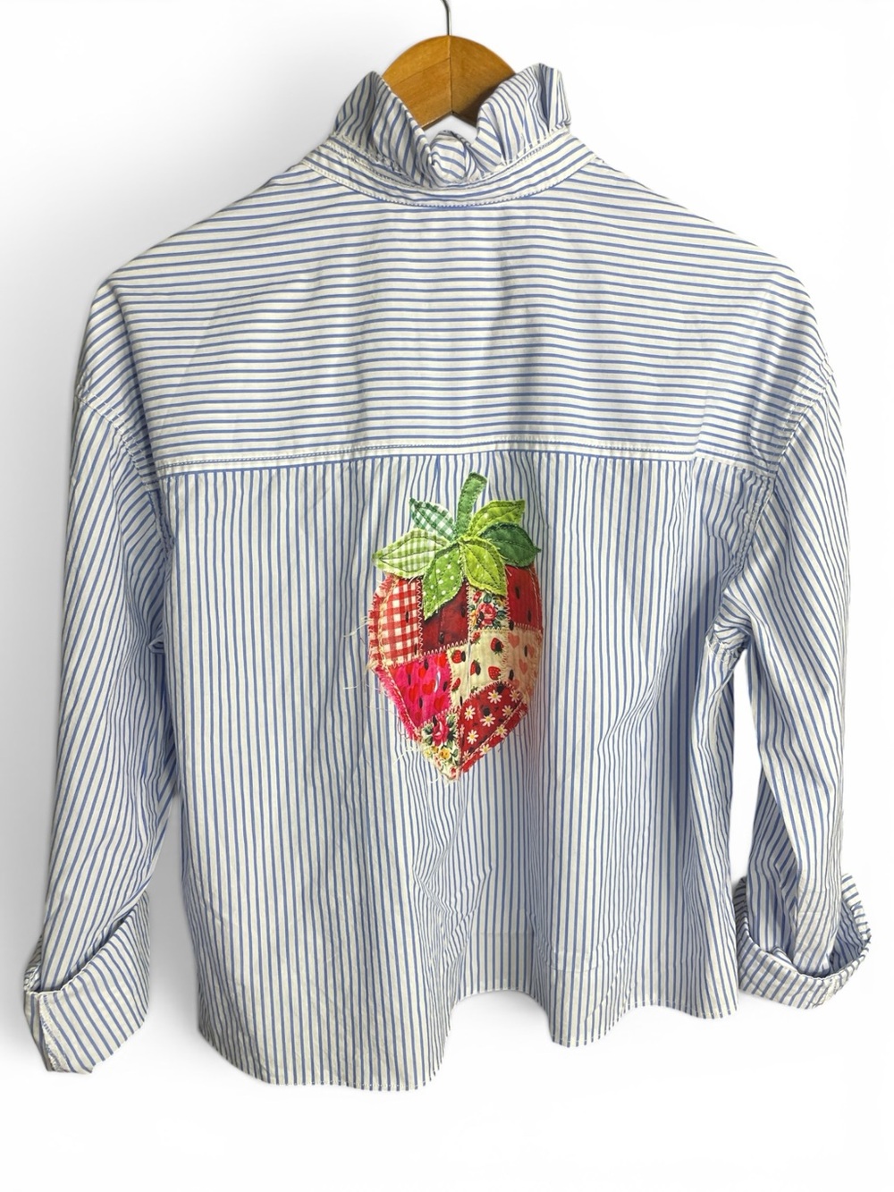 Women’s button down  Shirt with Patchwork Strawberry Detail up cycle
